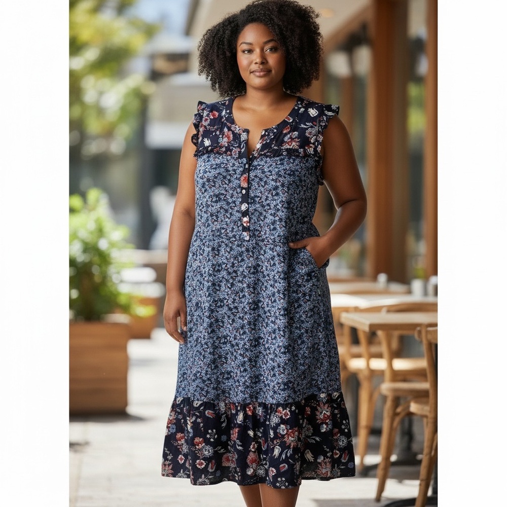 LOFT Navy Floral Midi Dress
